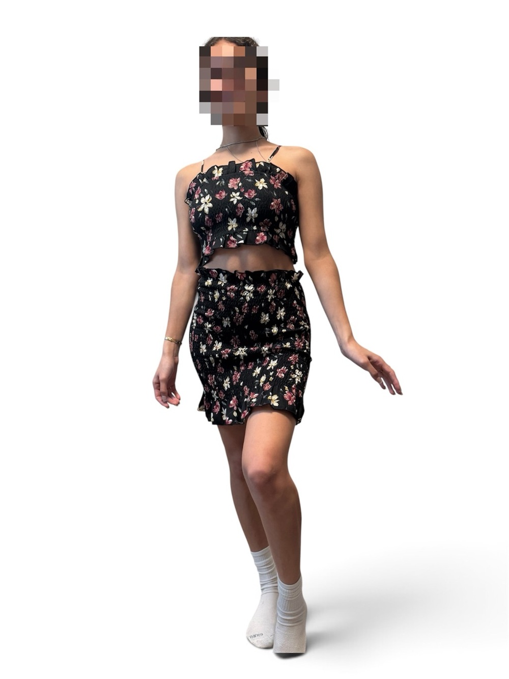 Floral Crop Top & Skirt Set 🌸 Black – Size S, NWT, Stretchy & Comfy!